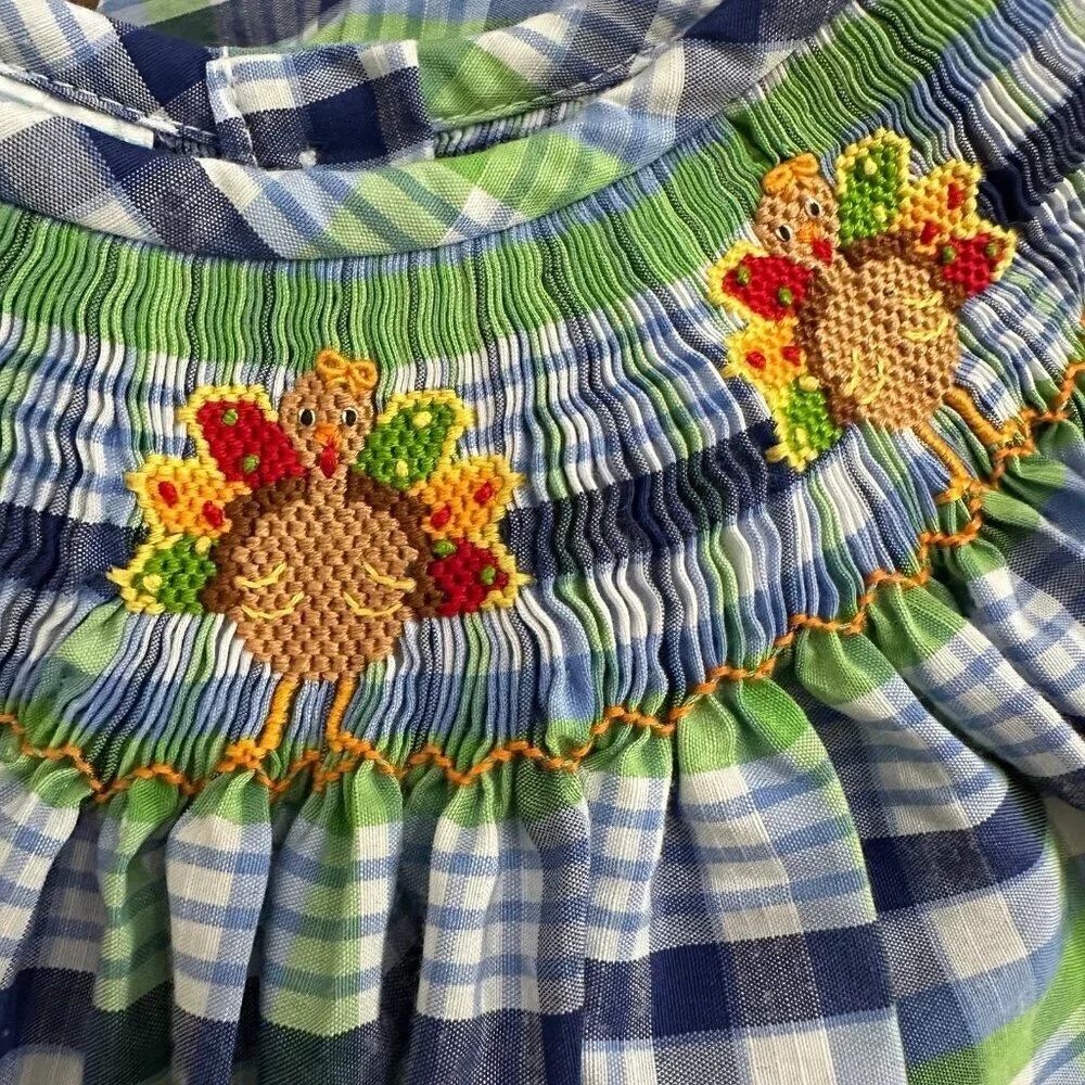 Southern sunshine plaid smocked dress with Turkeys